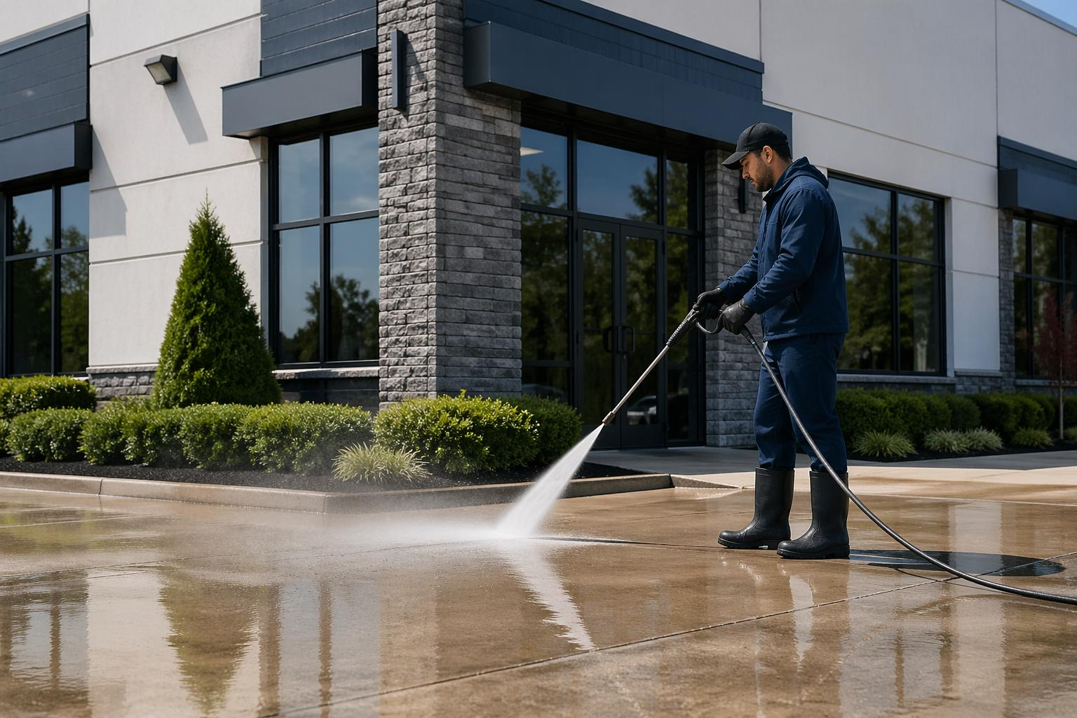 G&M Cleaning Solutions Inc. technician pressure washing the entrance walkway of a commercial building